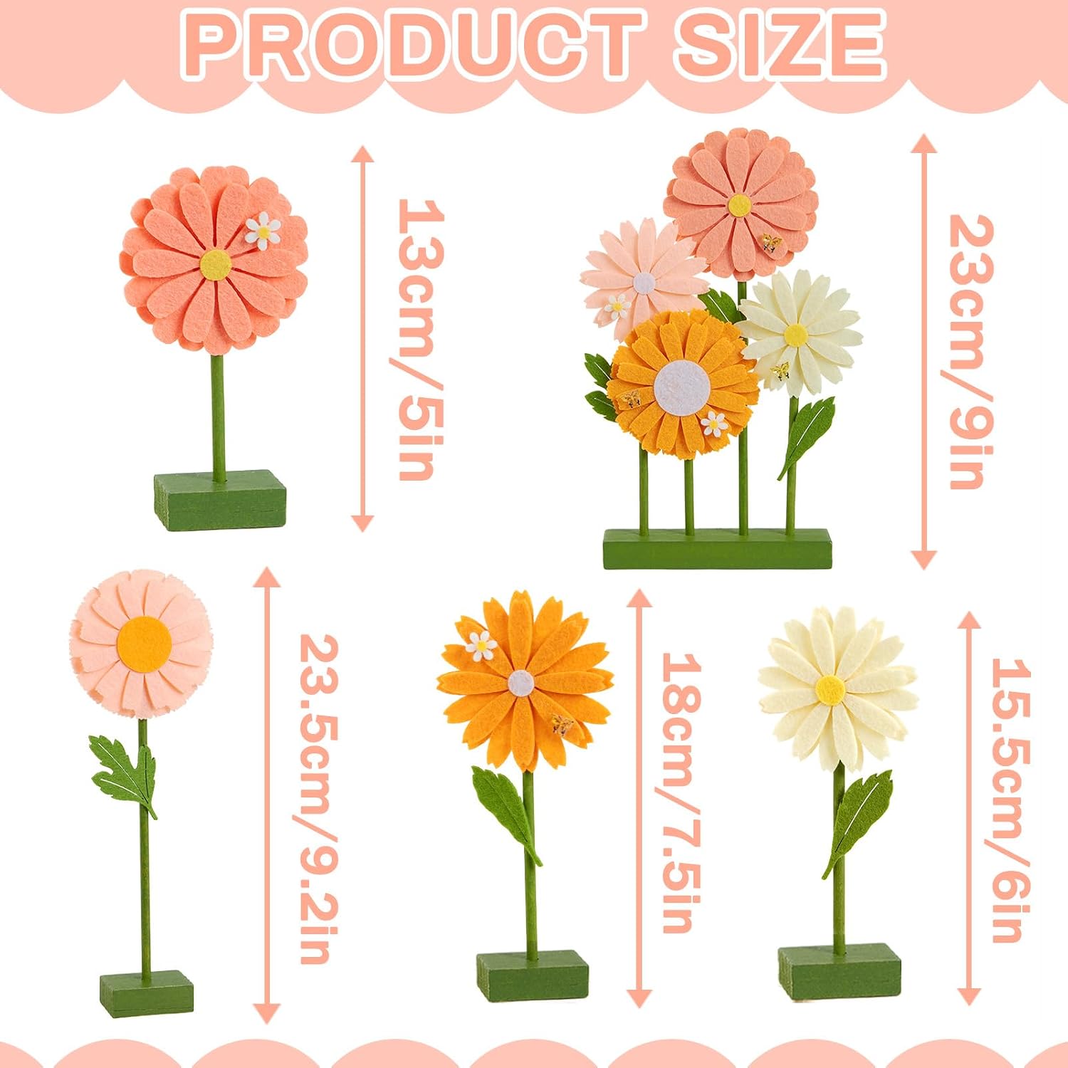 Hopecore 8 PCS Daisy Flower Birthday Party Decorations Daisy Felt Centerpieces for Tables Pink Orange Table Toppers Supplies for Spring Flower Theme Party Baby Shower Decor
