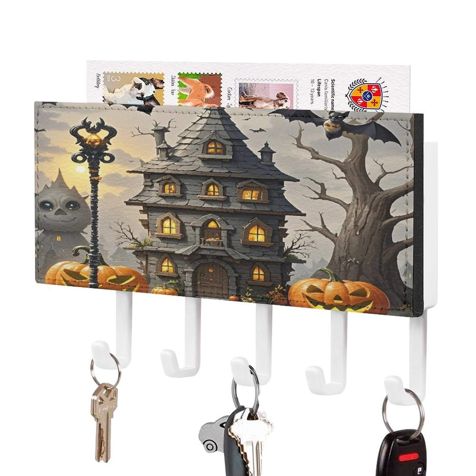 FekiLoot Pumpkin Haunted House Key Holder Wall Mount Key Hooks for Wall Decorative with 5 Hooks PU Mail Rack Organizer with Shelf for Entryway Mudroom Hallway Office 7.1X4.3 in