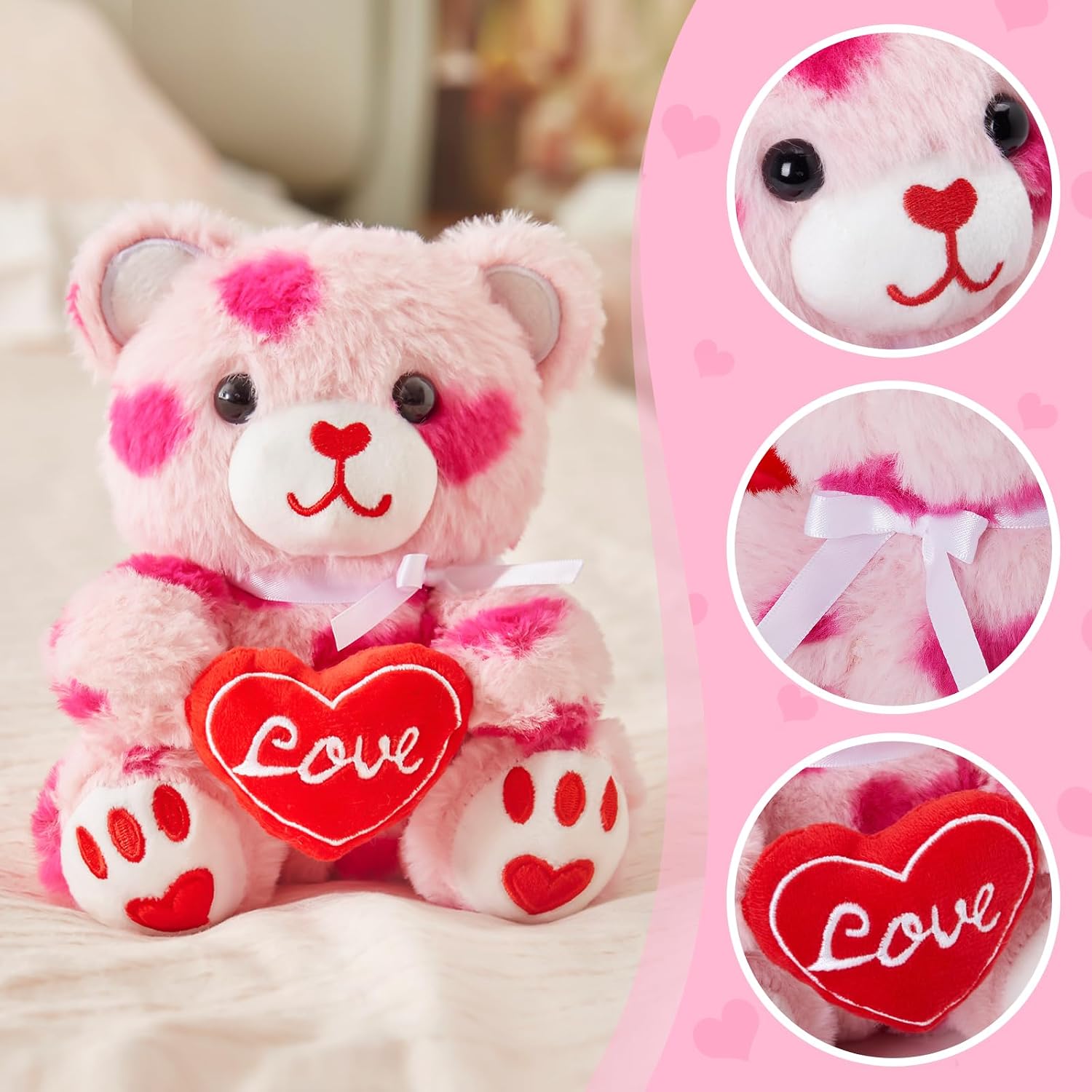 Close-up details of the WEWILL Pink Valentines Teddy Bear's face, bow, heart, and paw prints