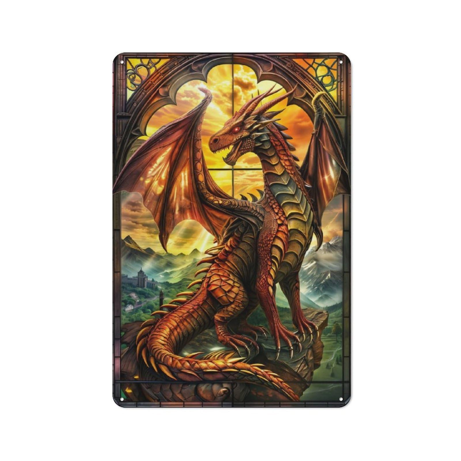 Junmoney Serene Stained Dragon Printed Metal Sign 30X20cm For Living Room Or Hallway, A Decorative Christmas Gift For Living Room Decor Lovers