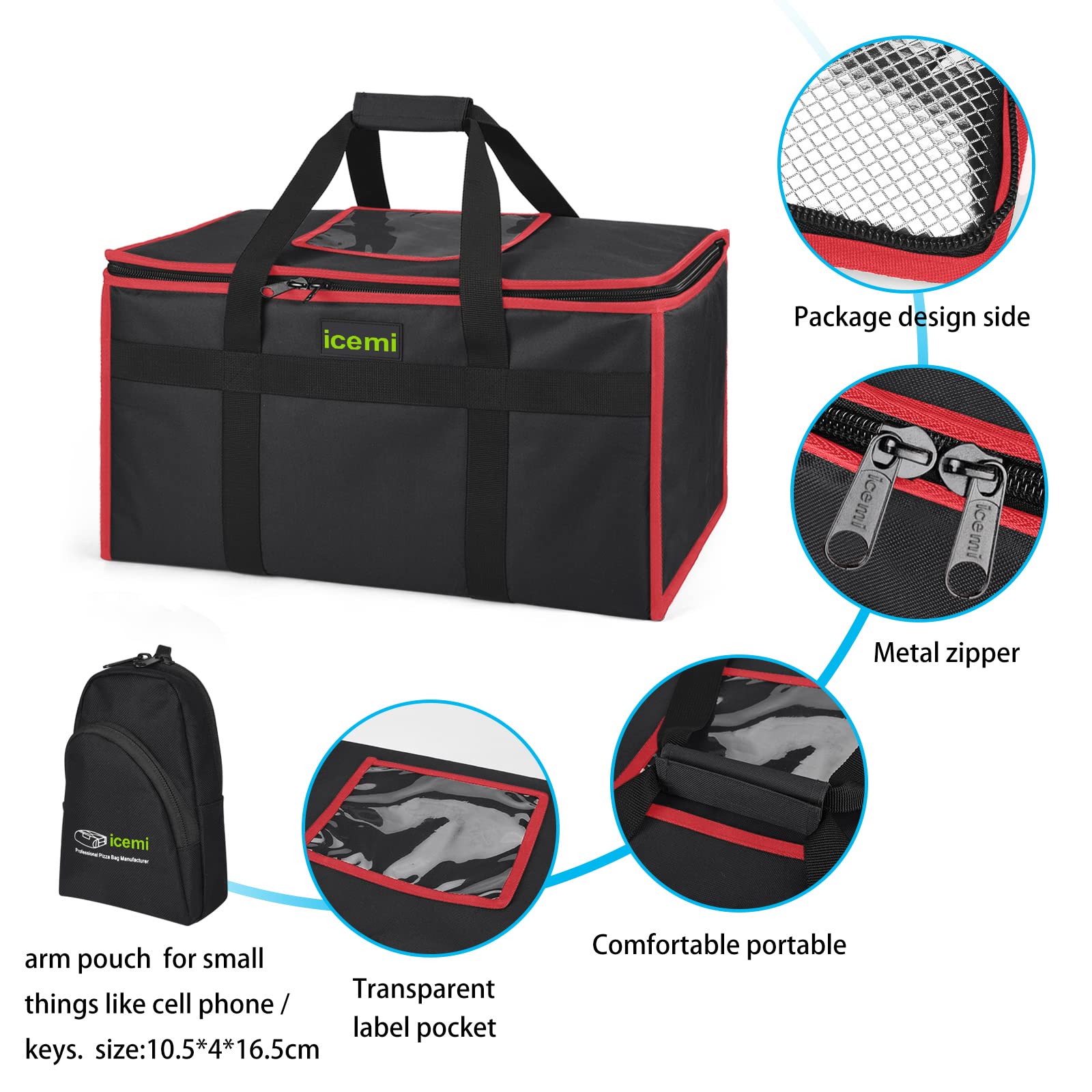 Bolsa de entrega de alimentos aislada con calor y frío, bolsa de catering para entrega de alimentos, picnic, barbacoas, fiestas, compras, vacaciones familiares (negro