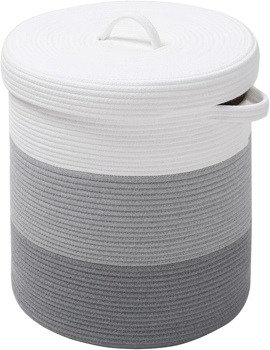16" x 16" x 18" Extra Large Storage Basket with Lid, Cotton Rope Storage Baskets, Laundry Hamper, Cloth Bin, for Clothes Towels Storage in Living Room, Light Grey/Grey with Cover