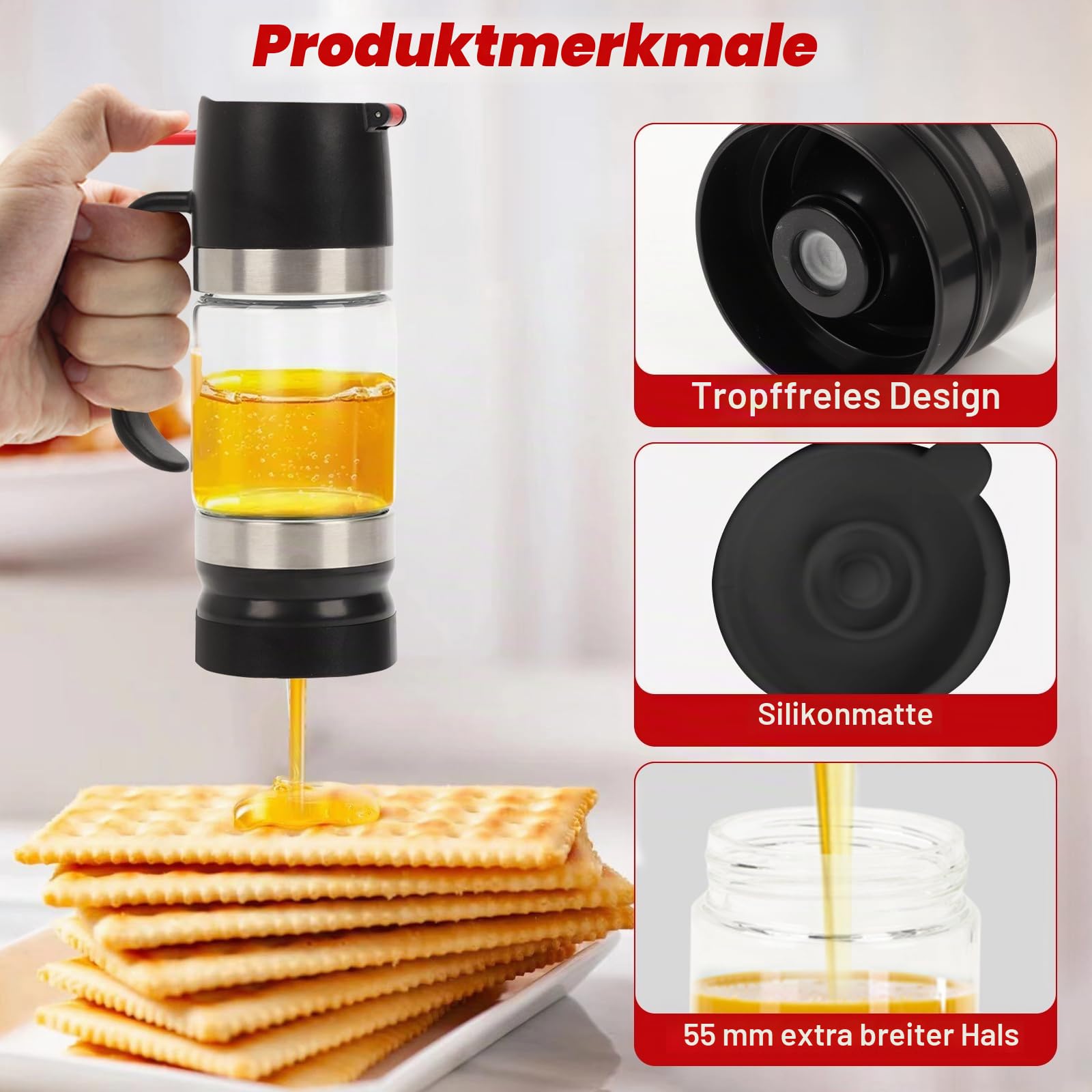 Honigspender Glas, 315 ml/ 10,65 oz Tropfsicherer Honigglas mit Griff, Tropfsicherer Honey Dispenser mit Halterung, Sirupspender Glas für Honig und Sirup, Schwarz