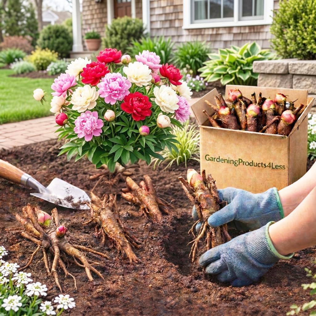 Jumbo 4 Pack Colorful Red, White & Pink Peonies Flower Bulbs Bare Roots Collection - Attracts Butterflies, Bees & Hummingbirds - These Double Blooms Measure Over 7 inches in Diameter - Great Gift!