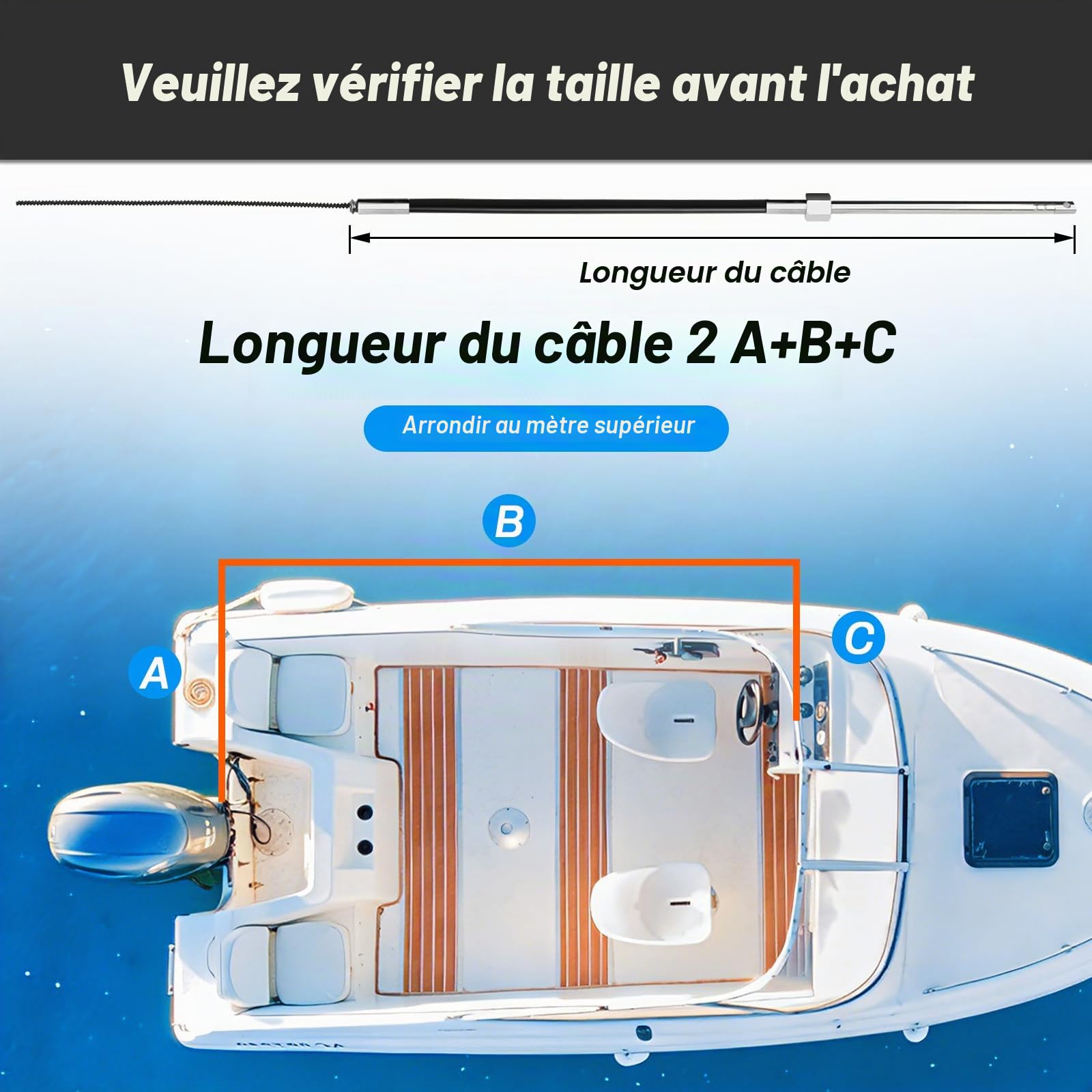 Système de direction de bateau - Kit de direction rotative mécanique - Câble de commande de 457,2 cm pour hors-bord - Systèmes de direction marine pour bateaux de pêche, yachts et autres