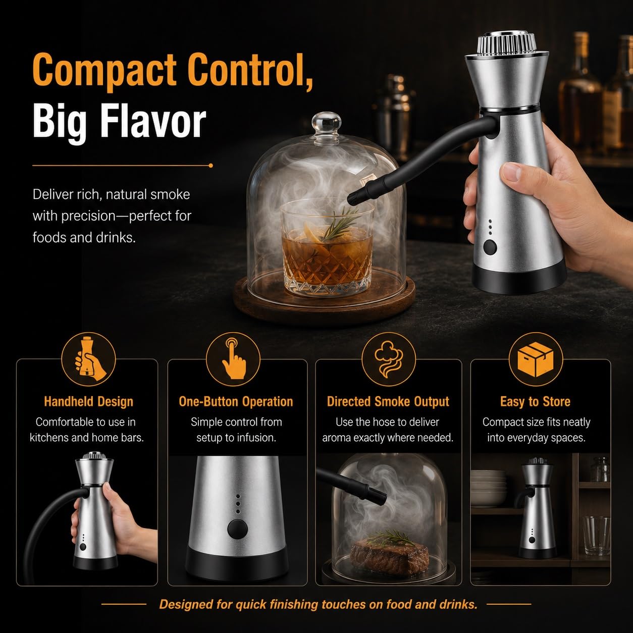 Ahumador de Cócteles y Whisky Kit Pistola de Ahumado en Frío Recargable USB-C Infusor de Humo Portátil para Bebidas Carne Queso y Comida Barbacoa Interior Bar Casa