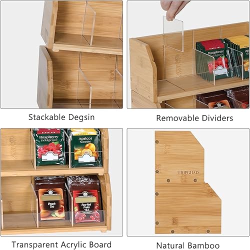 Miniatura 5 de Organizador de bolsas de té de bambú de 2 niveles, soporte de té para bolsas de té, organizador de bolsas de té de madera, caja de almacenamiento