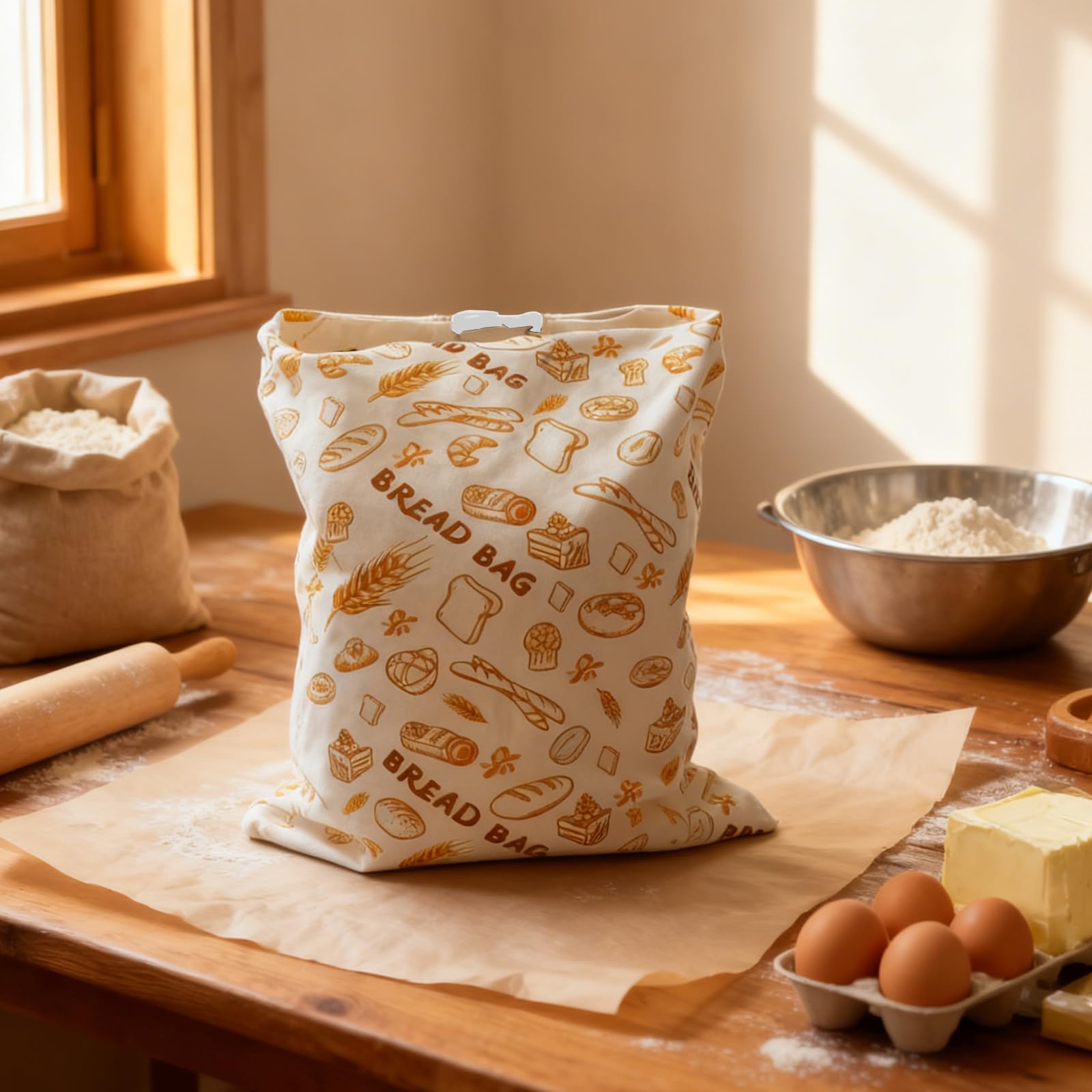 Set di 2 Sacchetti per Pane in Cera d'Api (42x33cm), Sacchetto Porta Pane in Cotone con Chiusura a Fibbia, Contenitore Riutilizzabile per Conservazione Pane a Lievito Madre, 2 Fantasie