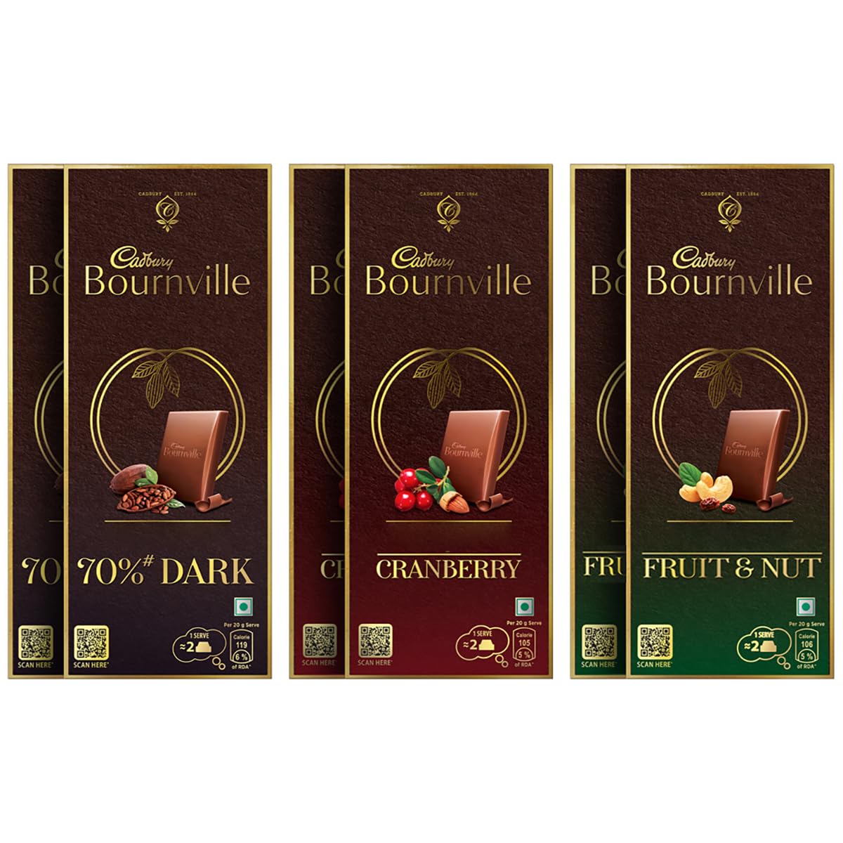 Bournville Cranberry, Fruit & Nut, 70% Dark (pack of 2 each)