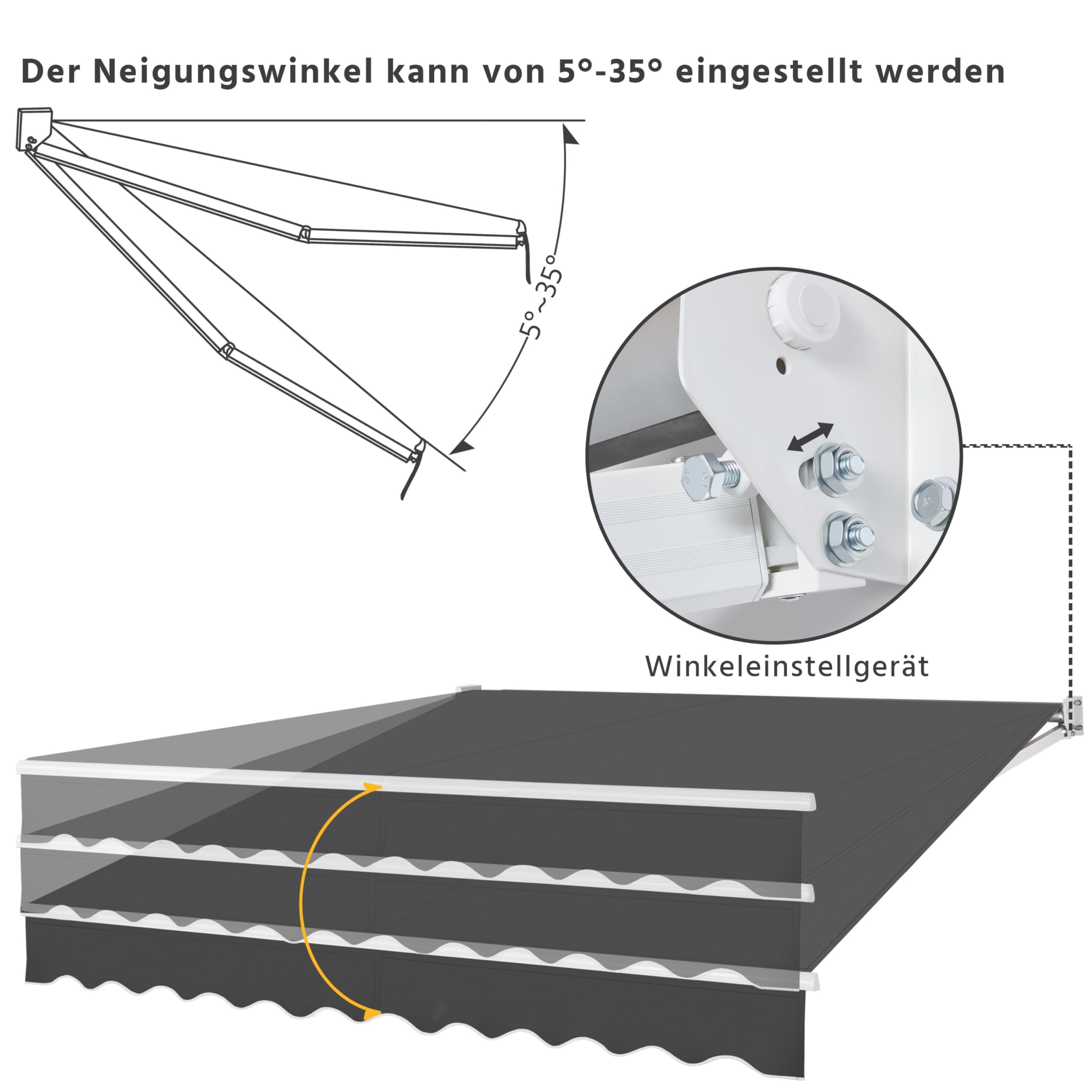 Yaheetech Einziehbare Markise, Gelenkarmmarkise mit Handkurbel 300x250 cm, Sonnenmarkise Winkel Längeinstellung(5-35°), inkl. Wandhalterung Dunkelgrau