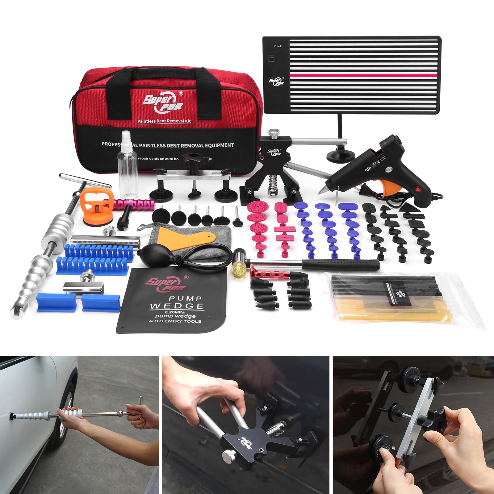 Auto Dellen Ausbeulwerkzeug Set Aufgerüstete 2 in 1 Gleithammer mit Gewinde,USB LED Wiederaufladbare Gefütterte Dellenplatte, Ausbeulwerkzeug Set Für Schäden durch Große Kleine Dellen,Hagelschäden
