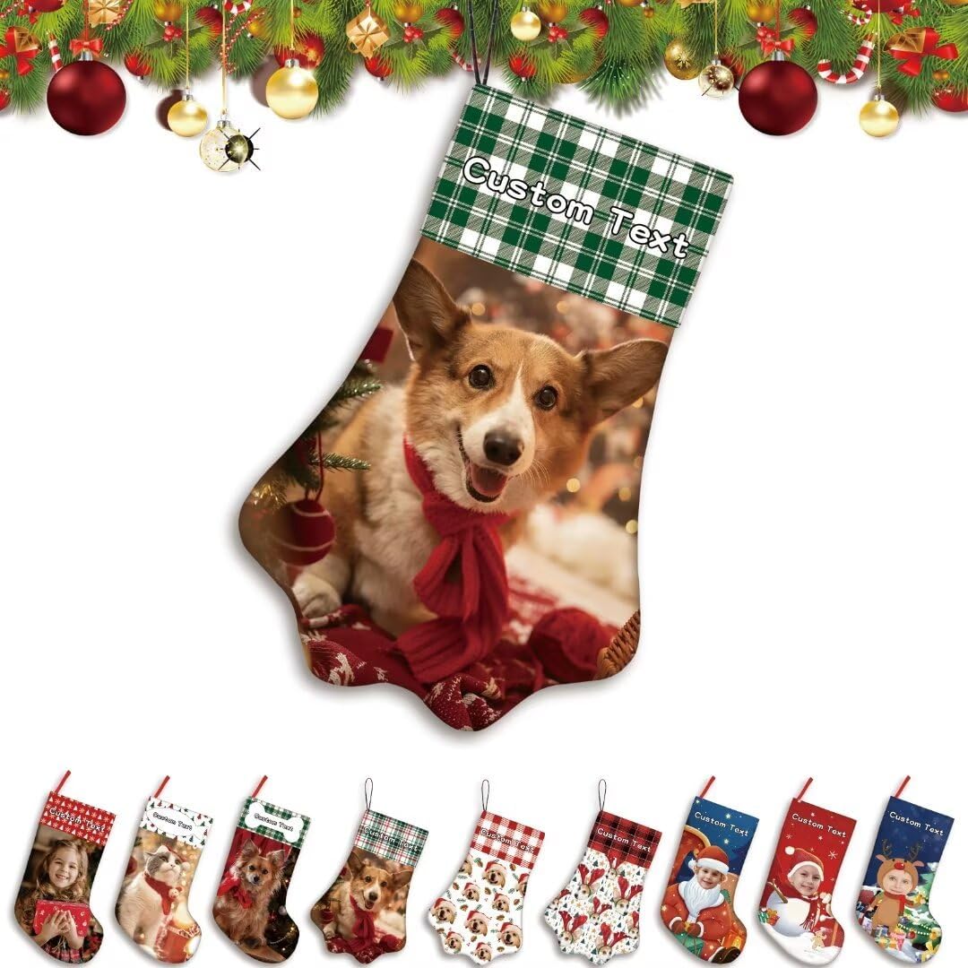 Customisable Christmas Stocking, Personalized Paw Christmas Stocking with Cat and Dog Picture and Name - Fireplace Hanging Christmas Decorations Gift 17 Inches