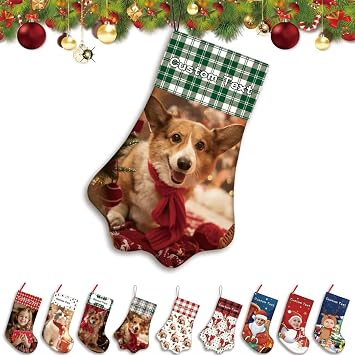 Customisable Christmas Stocking, Personalized Paw Christmas Stocking with Cat and Dog Picture and Name - Fireplace Hanging Christmas Decorations Gift 17 Inches