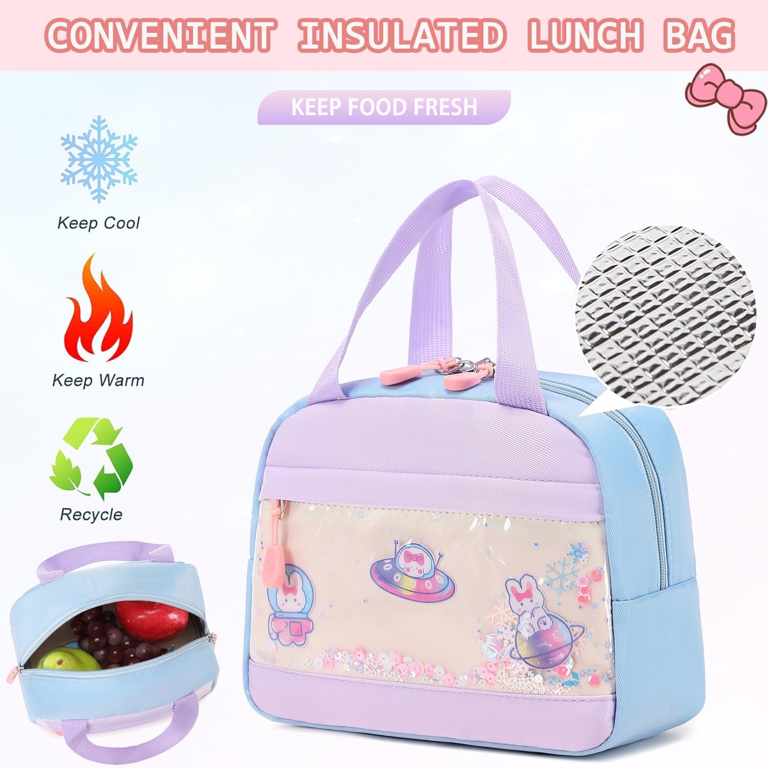 3Pcs Kawaii Cute Bunny Backpacks for Girls - School Bags with Lunch Box & Pencil Case, Pink & Blue - Image 6