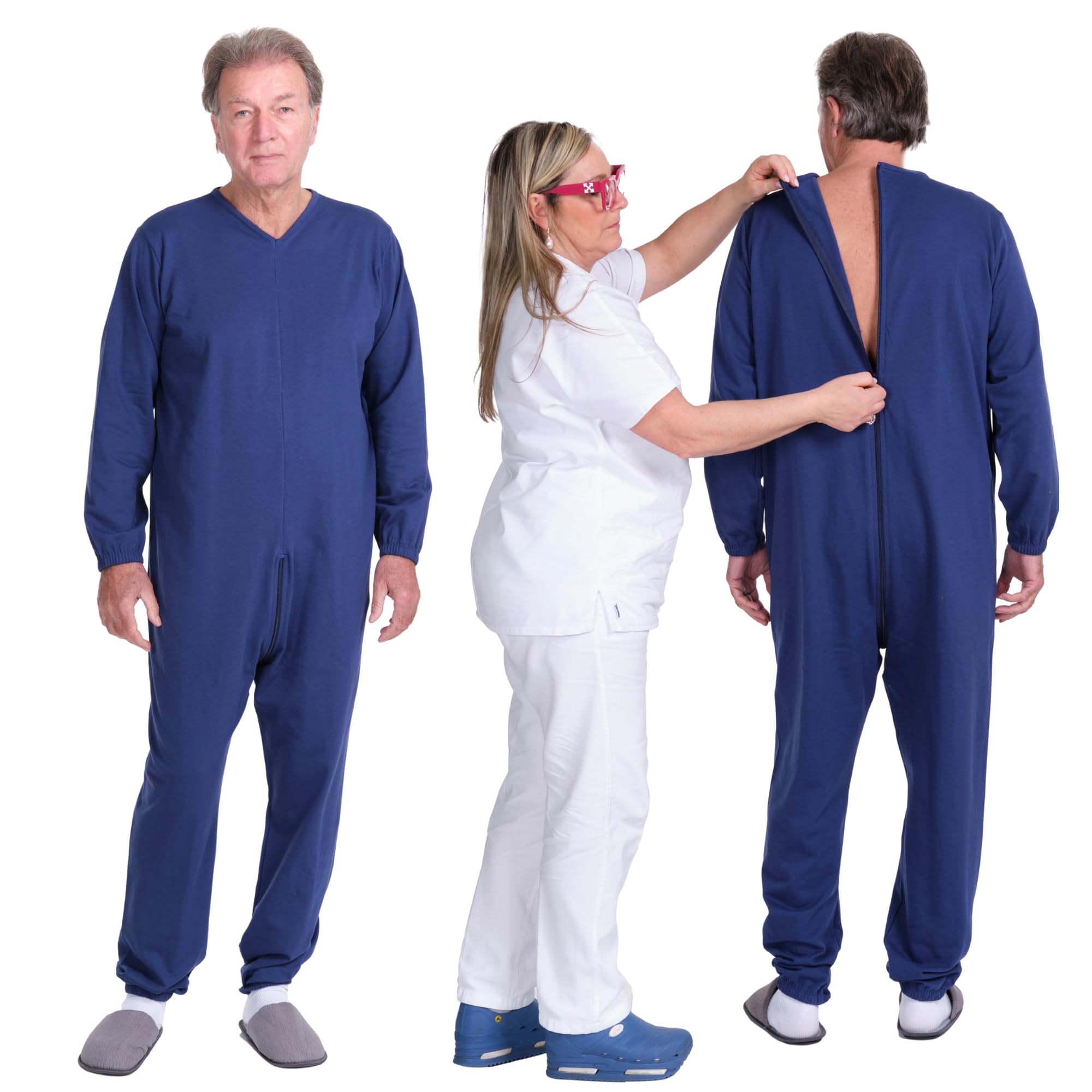 FERRUCCI COMFORT 9078-F Pyjama de santé d'hiver molletonné unisexe avec fermeture éclair sur le dos – pour personnes âgées, incontinence et maladie d'Alzheimer