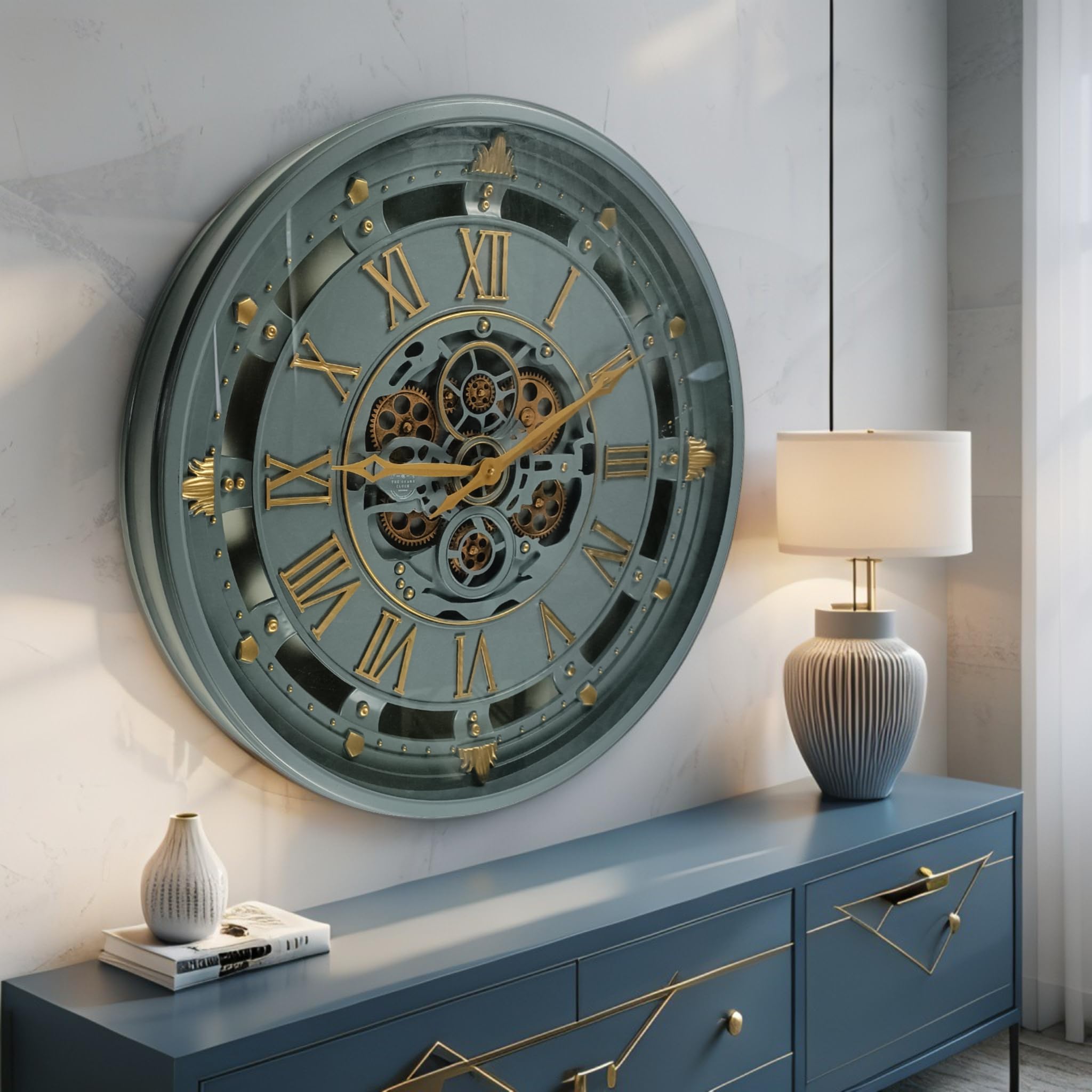 The Gears Clock Wanduhr 26 Zoll mit echten beweglichen Zahnrädern, Belgische Linie mit Glasabdeckung, Grau, 66 cm