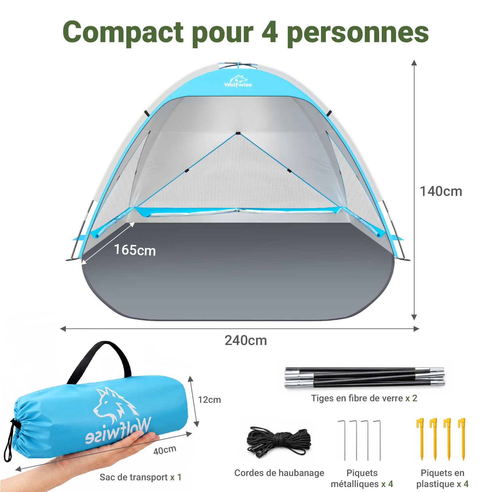 Wolfwise Tente de Plage UPF 50+ pour Famille, Abri Solaire Anti-UV avec 3 Fenêtres Ventilées, Plancher Extensible et Sac de Transport, Capacité 4 Personnes, Bleu