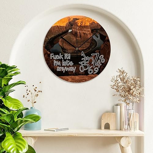 Miniatura 8 de COCOKEN Fuck It I'm Late Anyway - Reloj de pared redondo con paisaje natural, arte de pared, reloj de madera, silencioso, sin tictac, reloj de pared