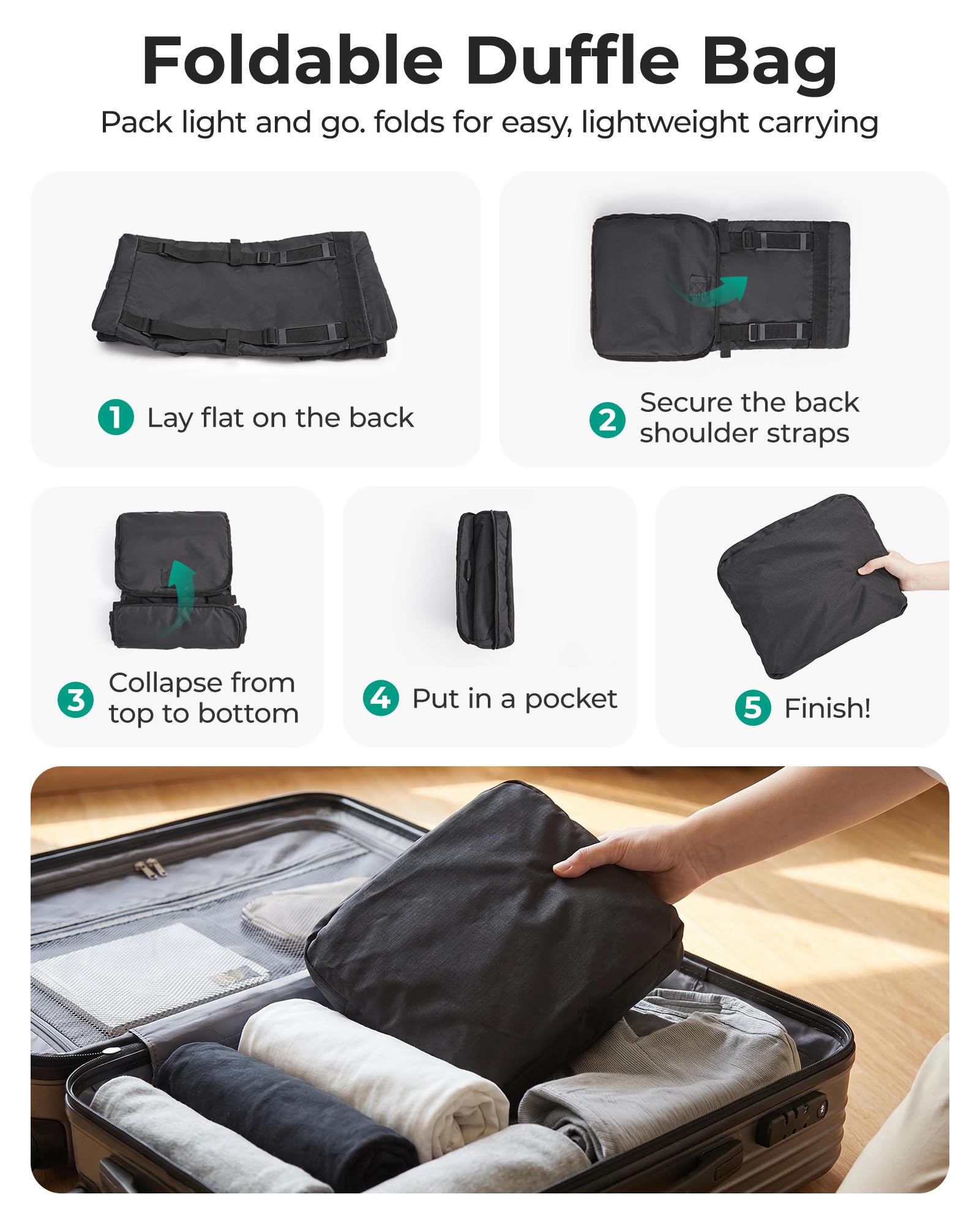 BAGSMART Faltbare Reisetasche Große, 60L Leicht 4 in 1 Reisetaschen Herren Damen Sporttasche Weekender Travel Bag Reise-Rucksack Handgepäck Duffle Bag, Schwarz