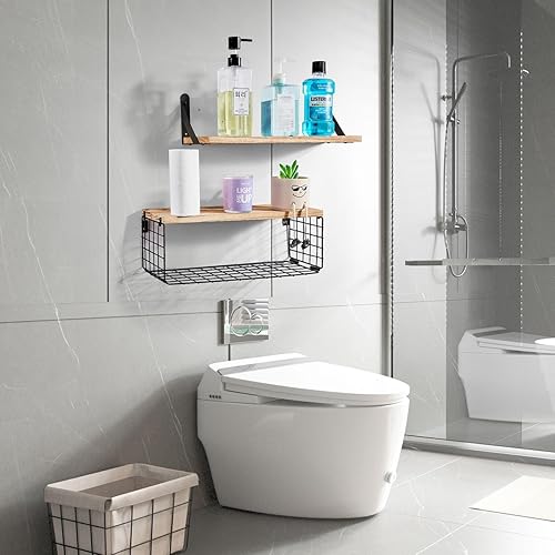 Miniatura 7 de 2 estantes flotantes de madera para pared, estante de pared y cesta de pared, estantes de pared para dormitorio, estantes montados en la pared,