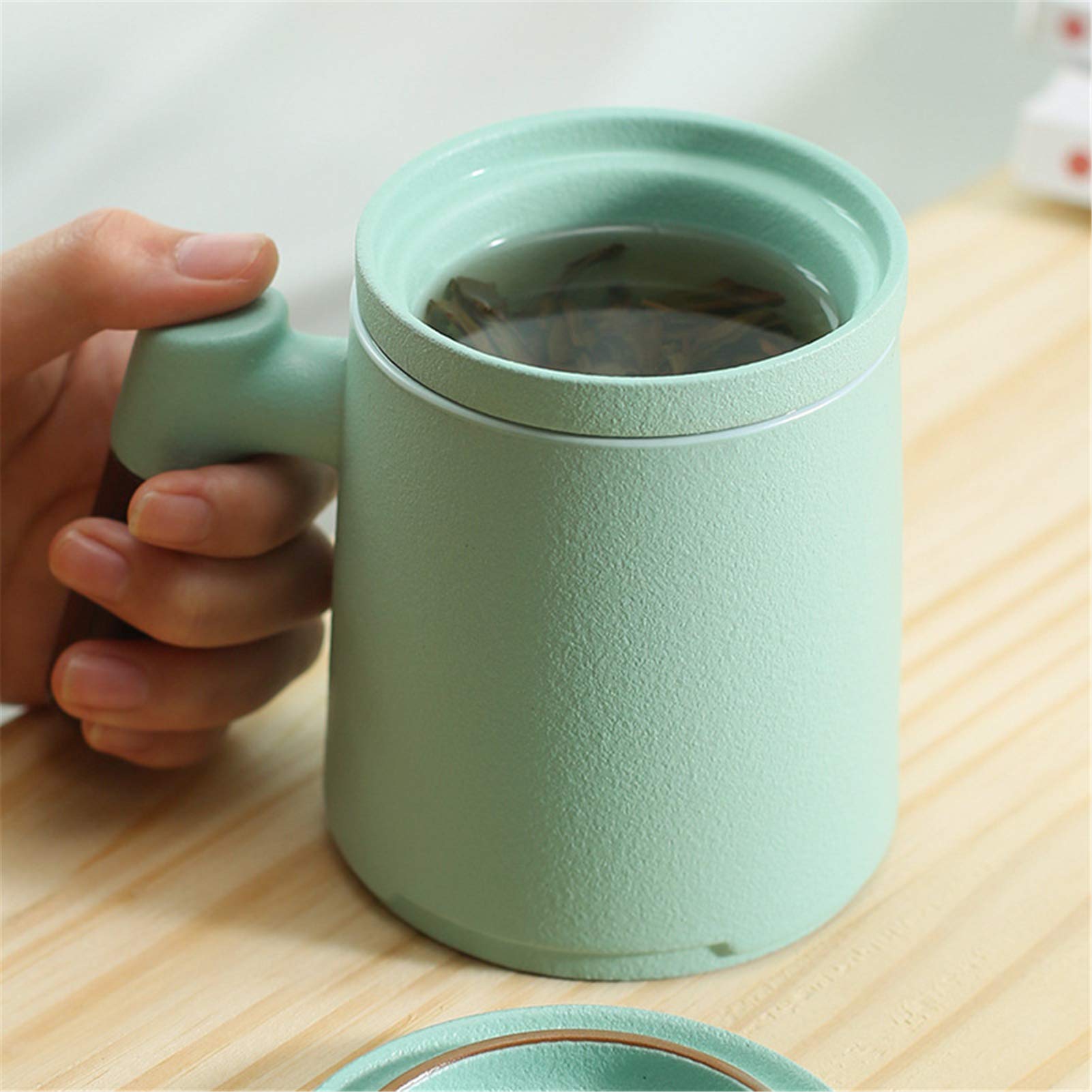 Teetasse Mit Deckel Sieb Und Holzgriff Porzellan Teebecher, 400ml Plastikfrei Cup Keramikbecher Set Zum Einweichen Von Tee, Für Büro Zuhause Oder Geschenk (Hellgrün)