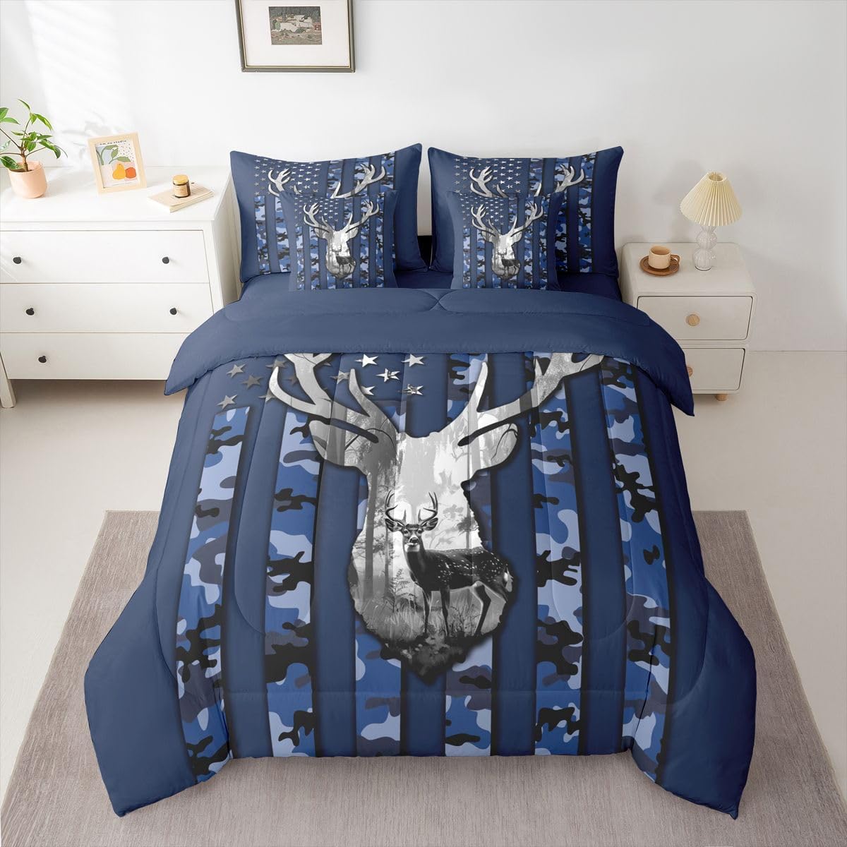 Feelyou Hunting Deer 7 Piece Bedding Set American Flag Comforter Set with Sheets for Kids Boys Girls Navy Blue Camouflage Bed in a Bag Wild Animal Theme Bed Set Soft Lightweight