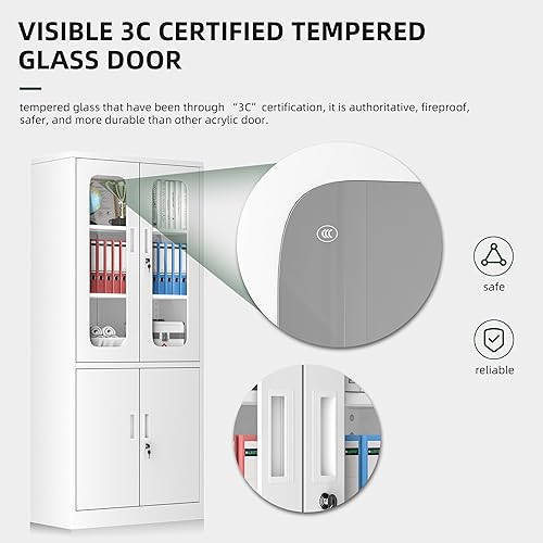 Miniatura 6 de Greenvelly Armario de almacenamiento de metal con cerradura, gabinete de oficina de metal blanco de 72 pulgadas con 2 puertas de vidrio y 3 estantes