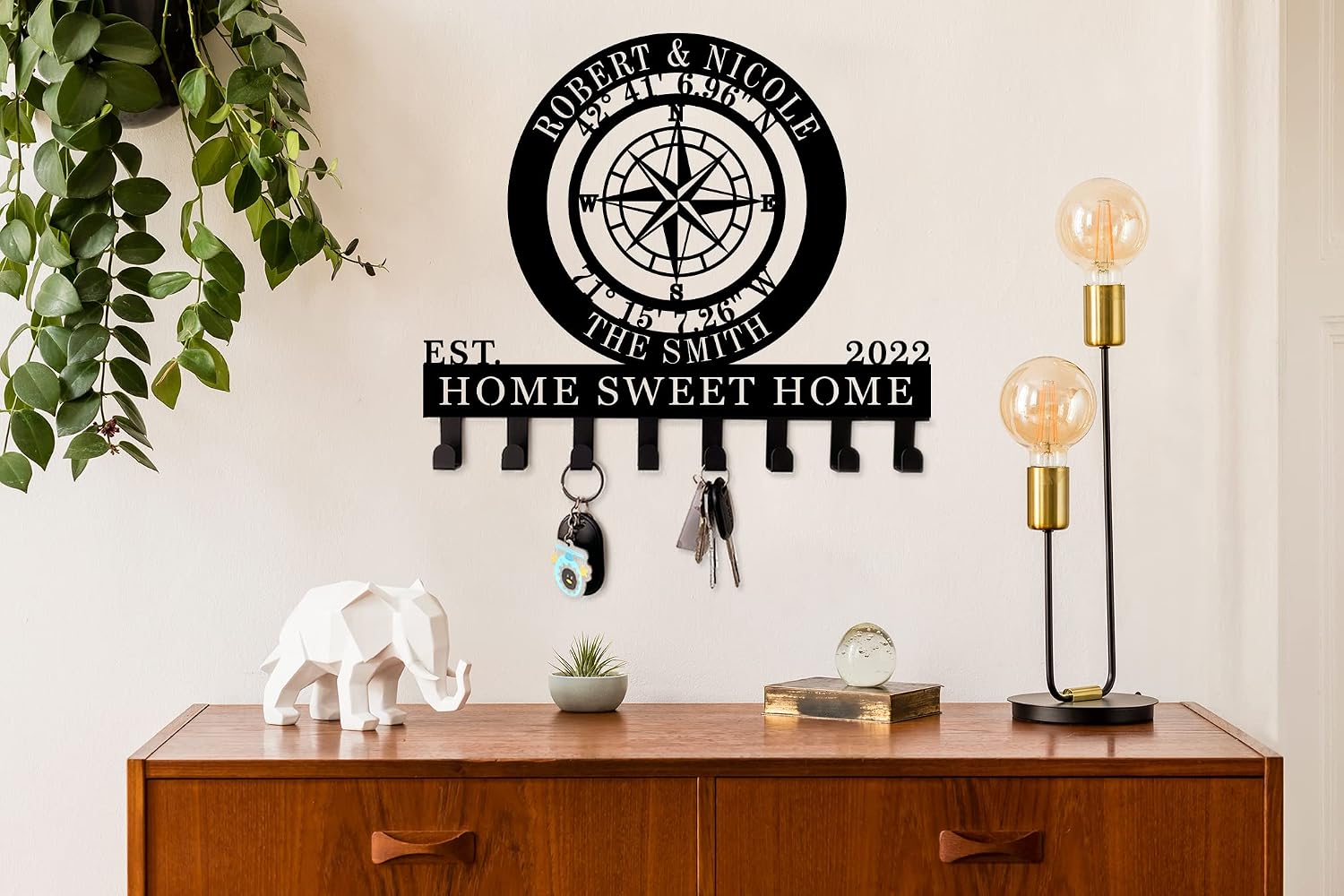 Key Holder for Wall with Nautical Compass GPS Coordinates, Key Hanger Decor for Kitchen, Entryway, Hallway, Office, Doorway Housewarming Gifts New Home