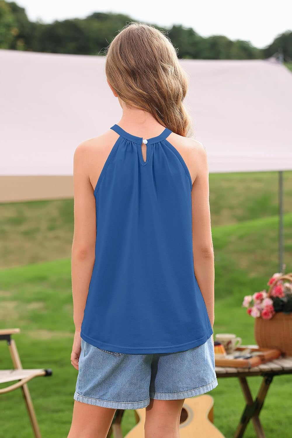 BesserBay Girls Summer Back Button Halter Neck Tank Top Cold Shoulder Casual Blouse Pleated Sleeveless Shirts 5-14 Years