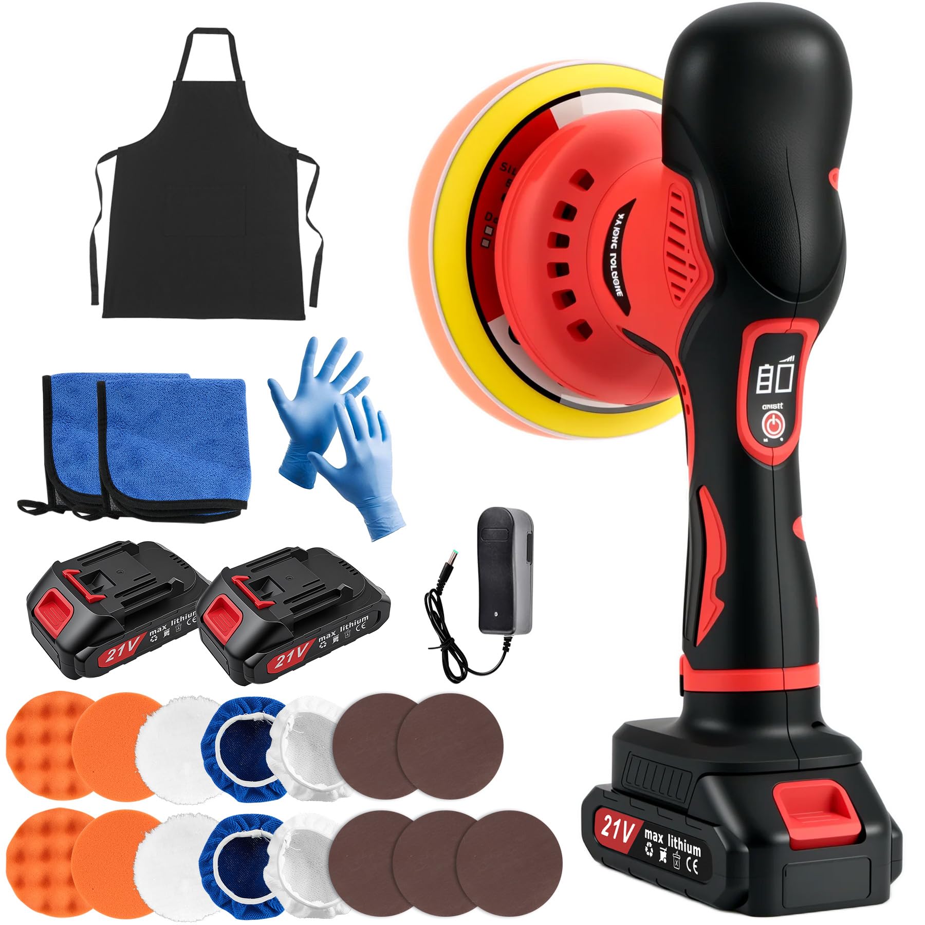Cordless Car Buffer Polisher, 6 Inch Orbital Polisher Kit with 2x21V Batteries & 21 PCS Attachments - 8-Speed Variable Max 6000RPM Buffer for Car