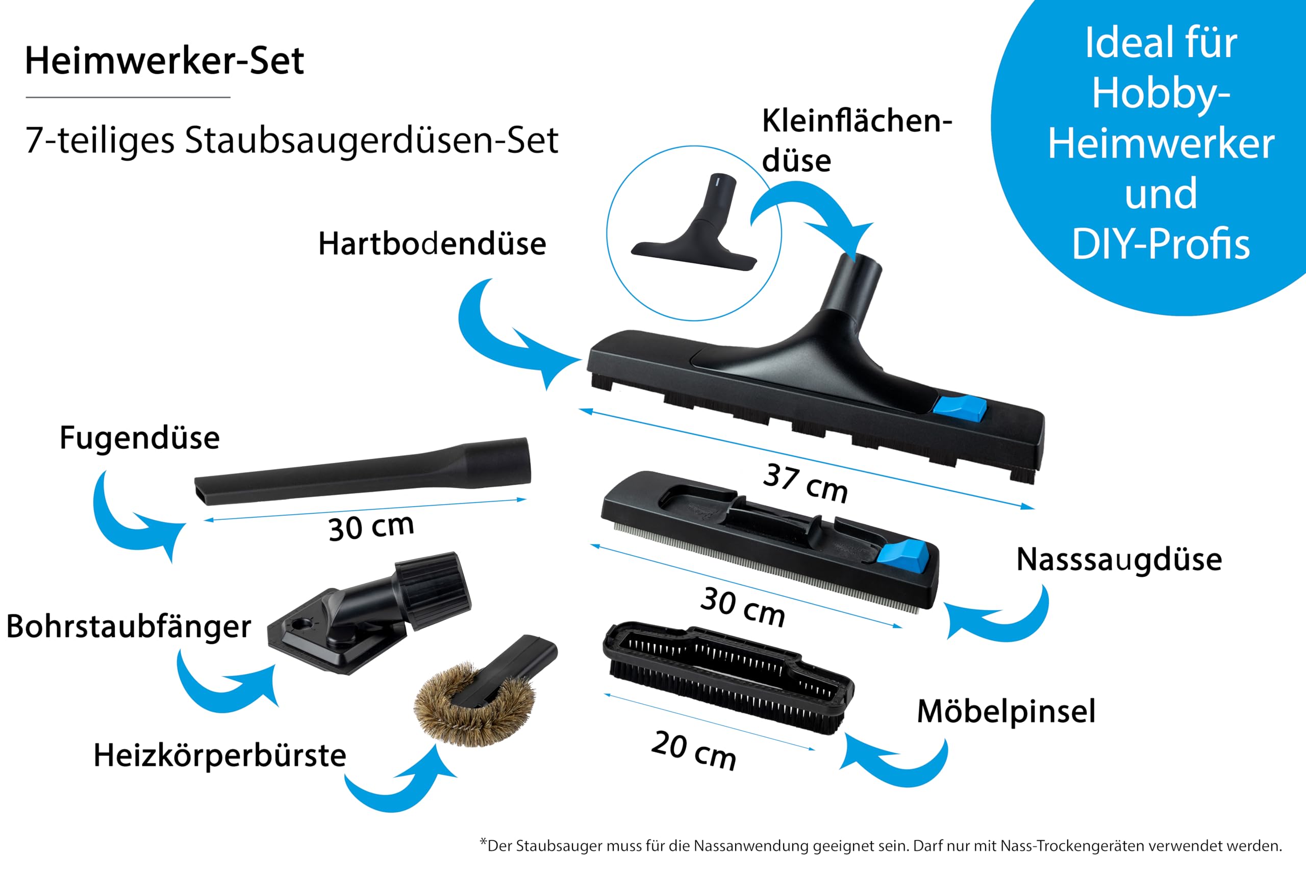 Wessel-Werk Heimwerker Set | 7-teiliges Staubsaugerdüsen Set DIY | inklusive Bohrstaubfänger und Universaladapter | passend von 32-38mm