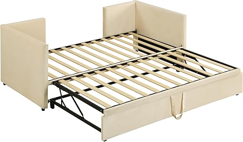 Miniatura 4 de Merax, Sofá cama tapizado de tamaño beige con nido extensible extraíble con respaldo y dos reposabrazos, sofá cama para dormitorio, individual a king