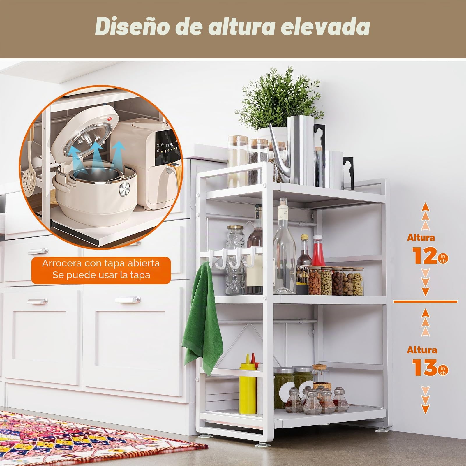 Estantería para microondas de 3 puertas, altura ajustable y extensible, con cajón, de acero al carbono, incluye ganchos y ventosas de refuerzo, estante para panadería (blanco)