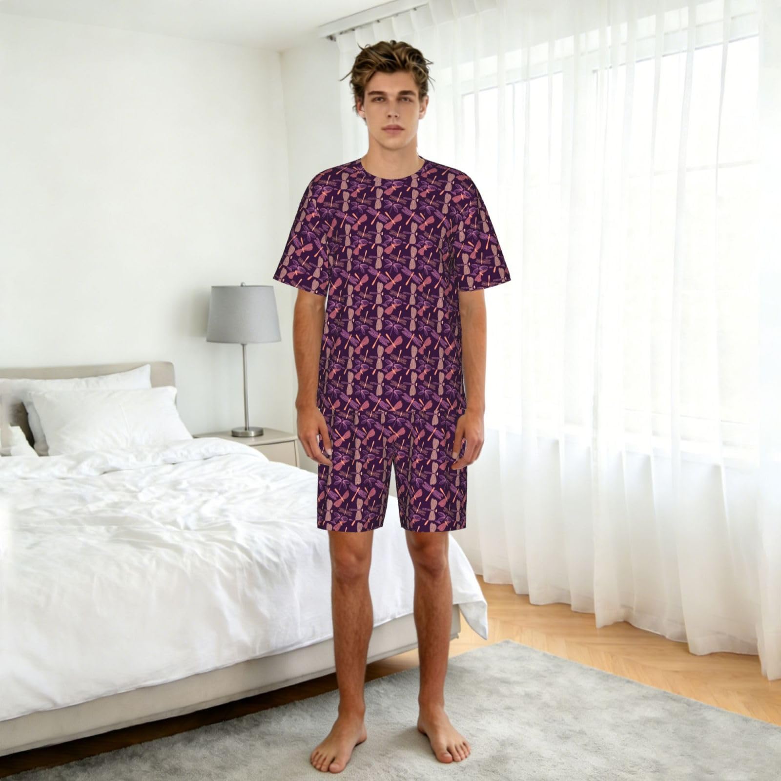 Viola Libellula Stampa Uomo Manica Corta Pigiama Set Pigiameria Leggero Traspirante Morbido Homewear 2 Pezzi
