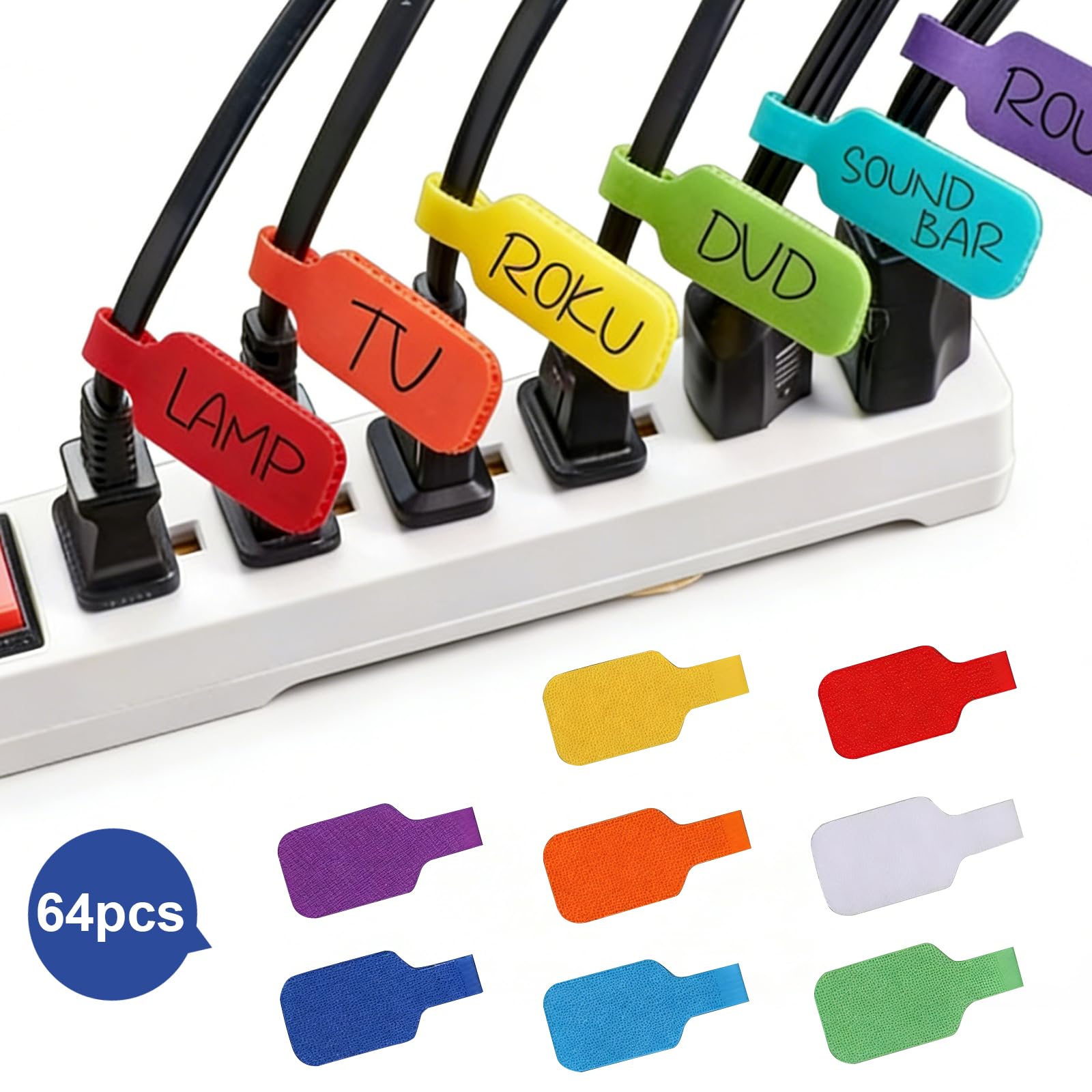 64-Pack Cable Labels Tags Write on with 8 Colors Cable Tags