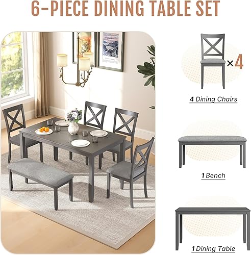 Miniatura 4 de Juego de mesa de comedor de madera de 6 piezas, juego de mesa de comedor para 6, incluye 1 mesa de comedor, 4 sillas tapizadas y 1 banco, mesa de