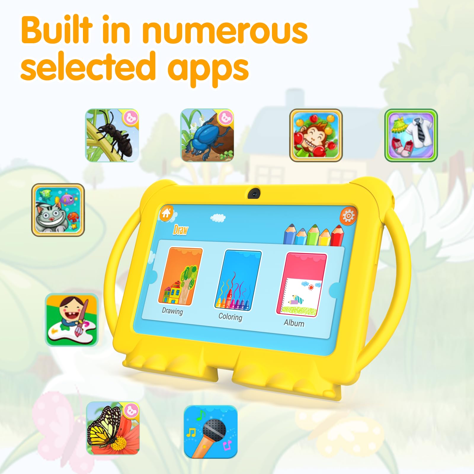 PEICHENG Tablet per bambini da 7 pollici, Android 12.0 per bambini, 4 GB di RAM, 32 GB ROM, schermo IPS Bluetooth, controllo parentale, doppia fotocamera, antiurto, per giochi educativi (giallo)