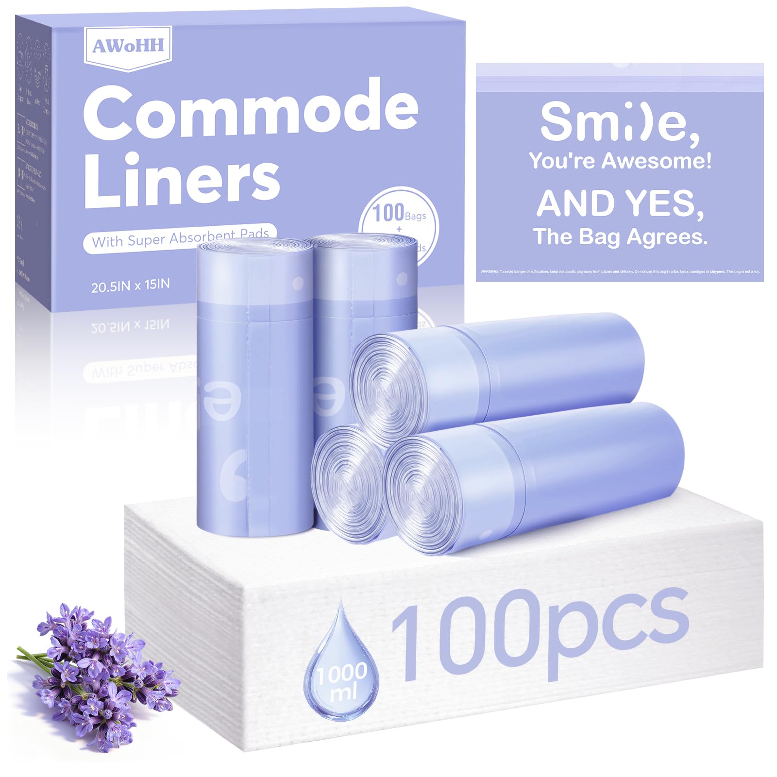 Photo 1 of 100 Pcs Bedside Commode Liners with Absorbent Pads, Tear-Free Leak-Proof Lavender Scented Commode Liners and Pads, Odor-Free Portable Toilet Liners & Potty Chair Bags for Disposable Adult, Bedpan