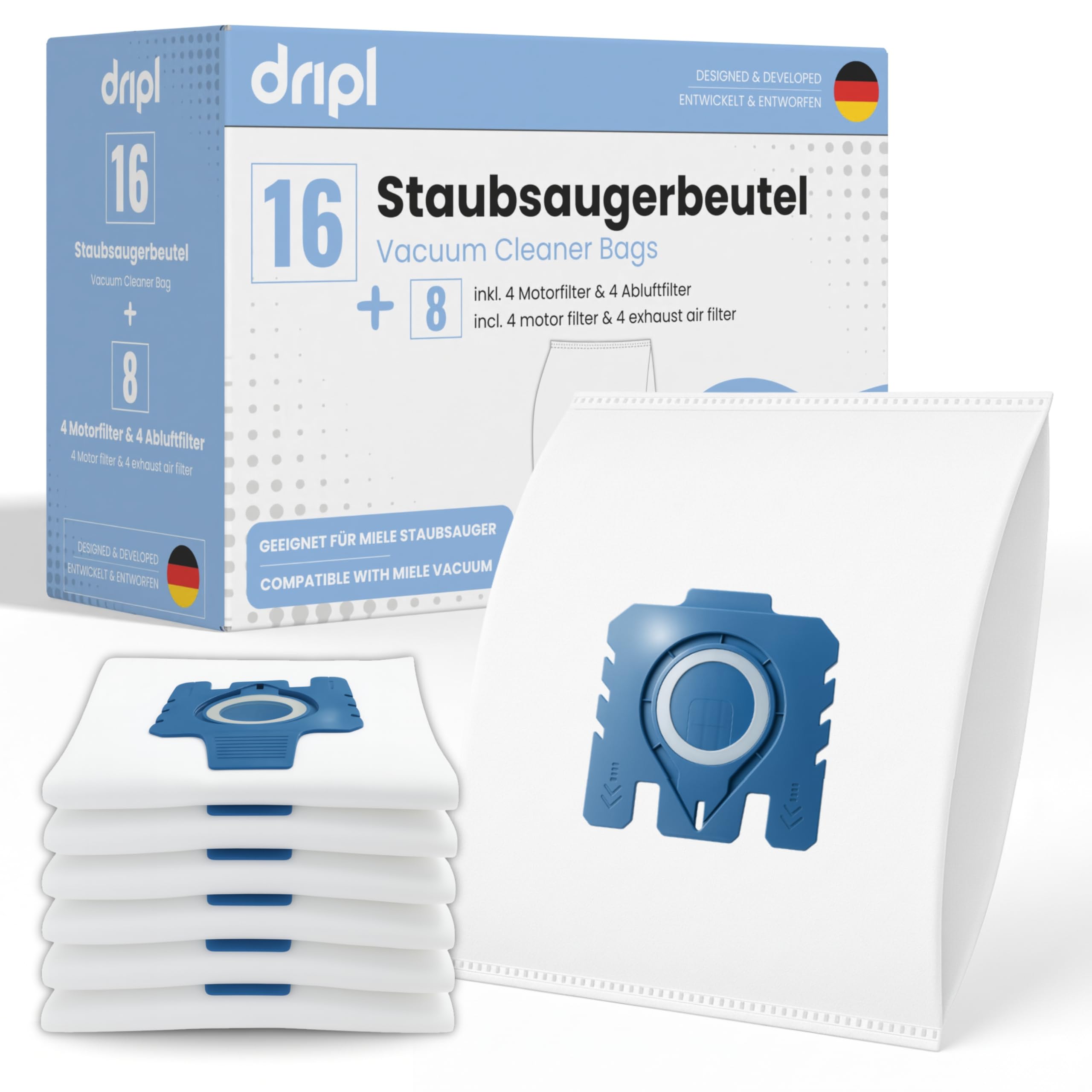 Dripl 16 bolsas para aspiradora Miele – Tipo GN (C1 Classic, C2 & C3 Complete, S2, S4, S5, S6, S8) – Incluye 4 filtros de motor y 4 filtros de salida – Sustituye a Miele GN & 9917730/12281680