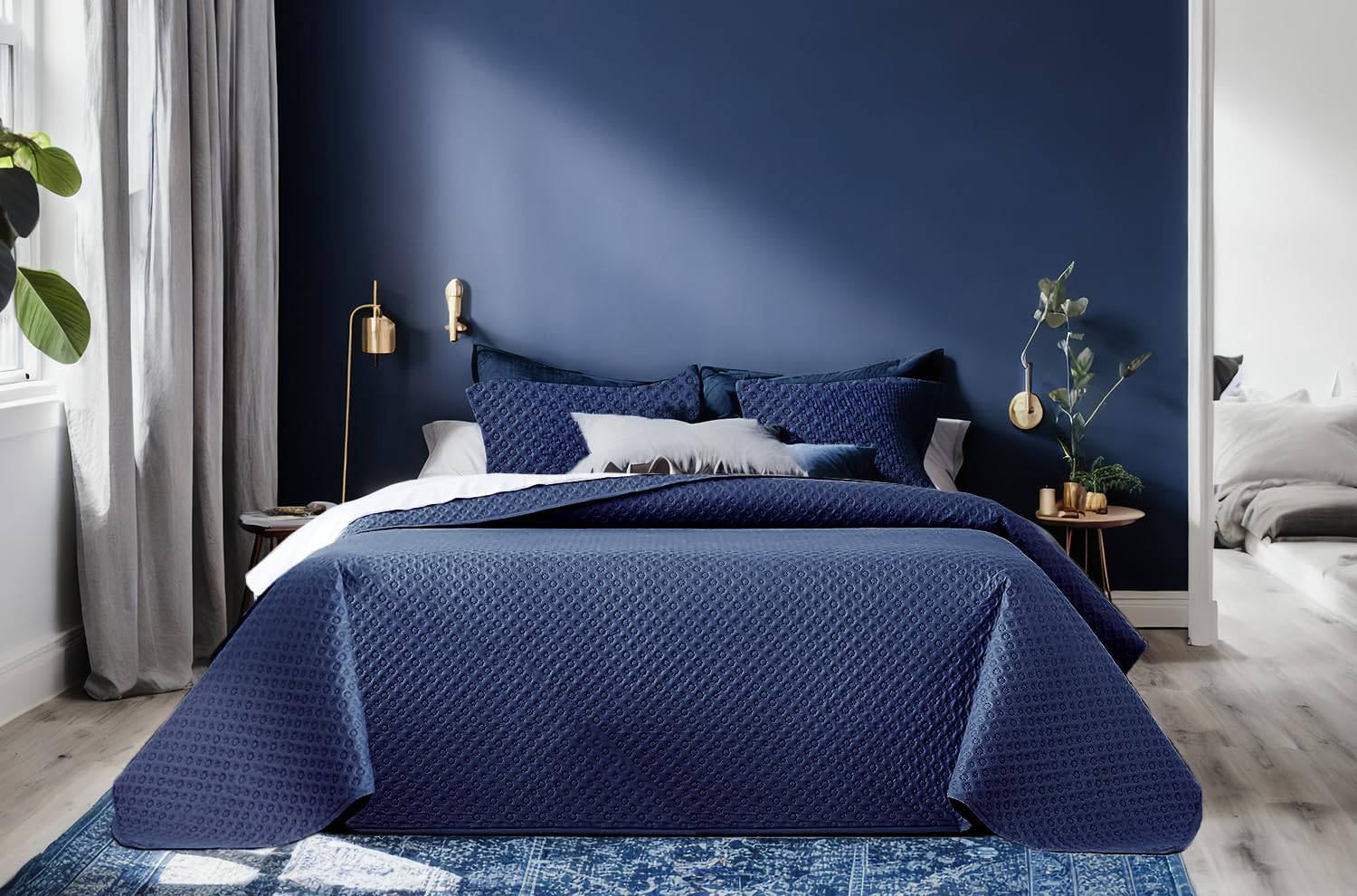 DALINA Textil - Colcha bouti para Verano y Entretiempo, Colcha para Cama 150-100% Poliester, Colcha Cubre Cama Fina, Suave, 250x265 Azul Marino con Dos Funda de Cojin 45x70cm