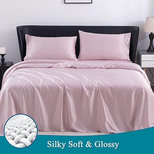 Miniatura 2 de MISERRO Juego de sábanas de tamaño California King, 100% satén, 4 piezas, como la seda, bolsillo profundo de 18 pulgadas (CaliforniaKing, rosa)