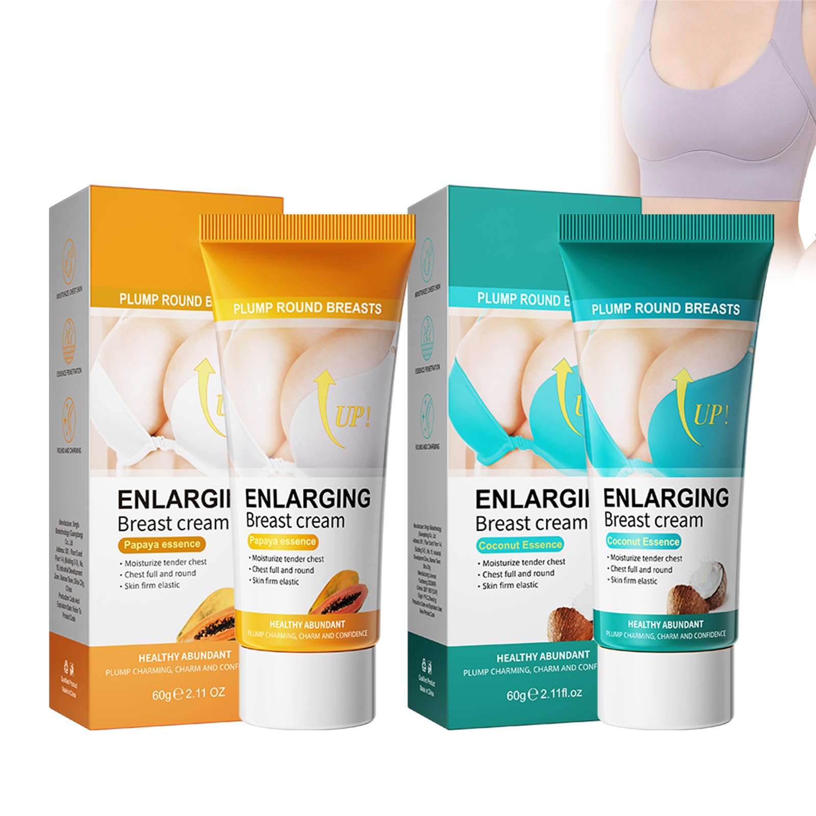 Coconut & Papaya Essence Breast Enlarging Cream, 2 x Juego de crema para el cuidado de los senos (60 g), crema de cuidado reafirmante con papaya y coco, fórmula natural para contornos femeninos