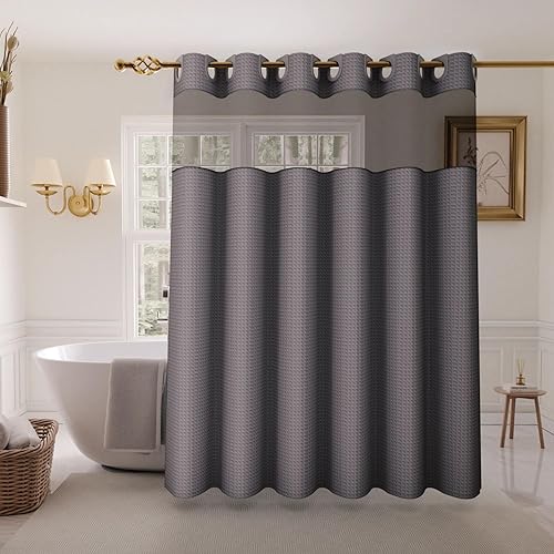Inhousolu - Cortina de ducha sin gancho con forro de tela a presión, dobladillo con peso de 230 GSM, impermeable y lavable, cortina de baño de lujo