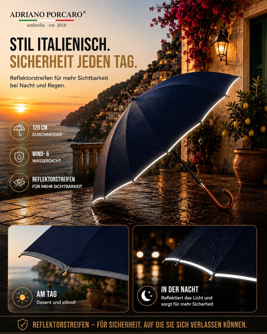 Automatyczny parasol, wiatroszczelny drewniany parasol, 12-krotne wzmocnienie włókna, duży, stabilny i odporny na wiatr, średnica 115 cm