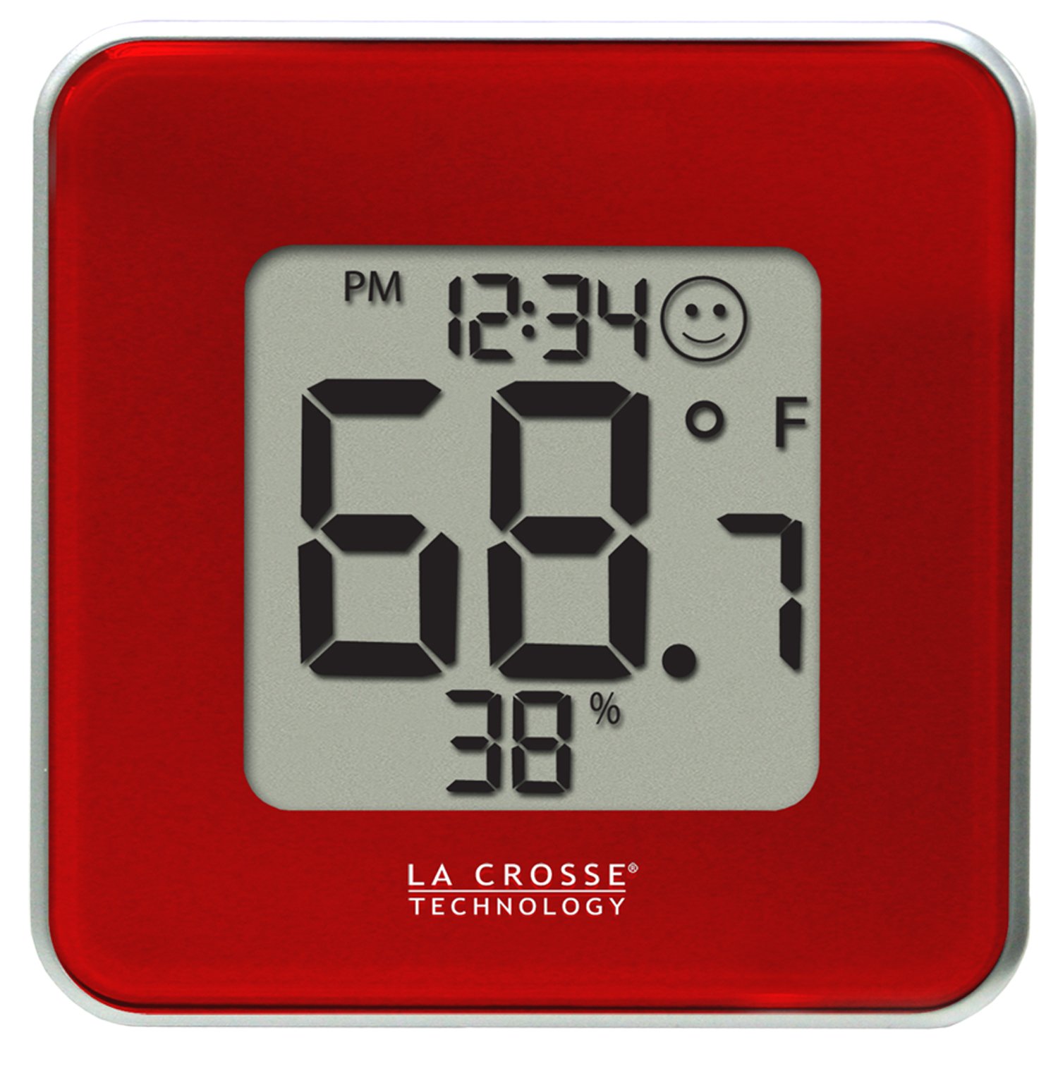 La Crosse Technology 302-604R-TBP Digital Thermometer and Hygrometer Station displaying 68.7 degrees Fahrenheit and 38% humidity, with the time 12:34 PM and a comfort icon.