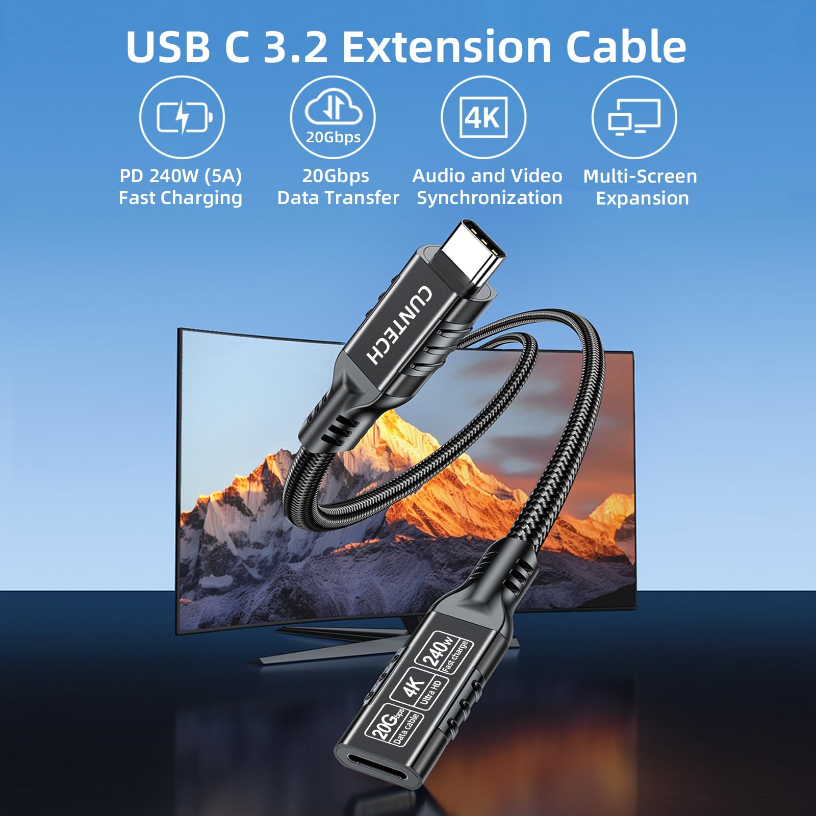 Cavo di prolunga USB C 3.2 da 20 Gbps, confezione da 2, ricarica rapida da 240 W 4K a 60 Hz, trasferimento dati 20 Gbps per Thunderbolt 4/3, per iPhone 15, iPad, Samsung Galaxy S24/S23, telefono,