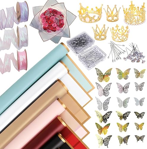 BBJ WRAPS Juego de 444 piezas de papel de regalo para ramo de flores, accesorios de ramo de flores, suministros de floristería con decoración,