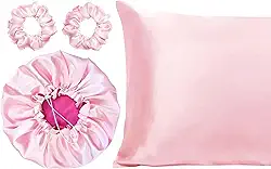 Kit 1 Fronha De Cetim Seda + 1 Touca Dupla Face + 2 Xuxinhas (Pink/Rosa)