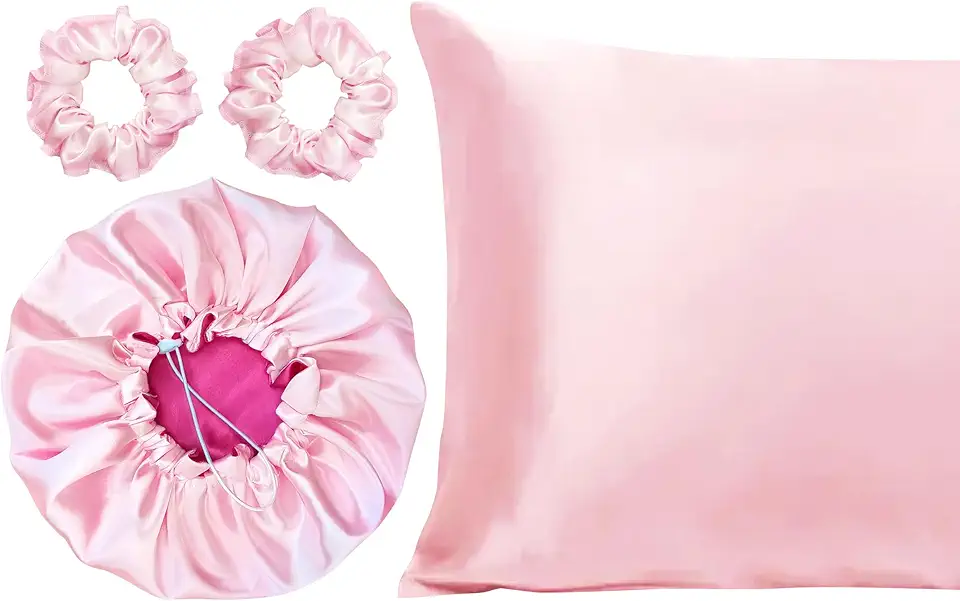 Kit 1 Fronha De Cetim Seda + 1 Touca Dupla Face + 2 Xuxinhas (Pink/Rosa)