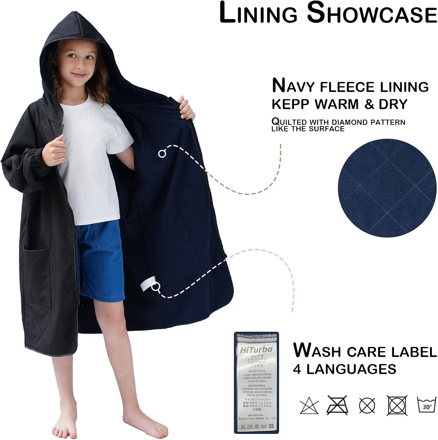 Hiturbo Waterproof Kids Swim Parka: Lightweight Windproof Swimming Surf Poncho - Hooded Swimmer Changing Jacket for 7-12 Yrs
